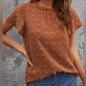 Brown Ruffled Sleeve Swiss Dot T-shirts Womans Size Medium